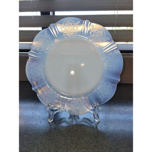 Vintage KIG Blue Milk Glass Plate Scalloped Floral Rim 8”